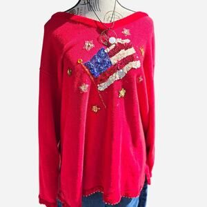 Vintage Red sequin American flag sweatshirt with gold stars and stripes.